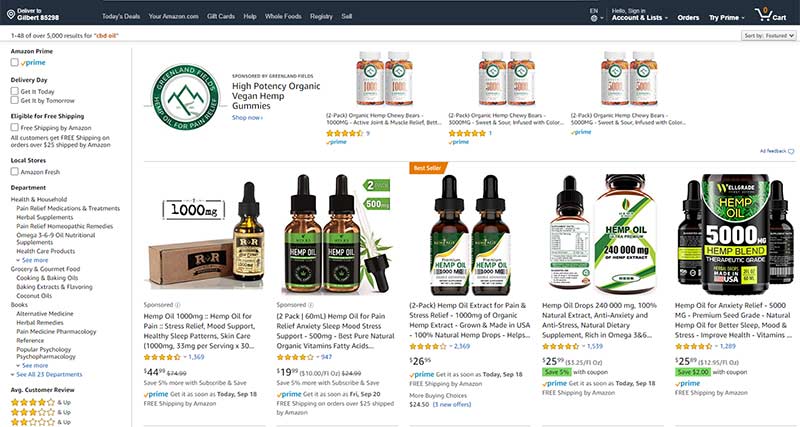 CBD Oil Search Results page on Amazon.com